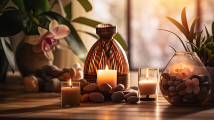 Wall Mural - Spa, aromatherapy and candles on table for zen, calm and peace to relax for health and wellness.