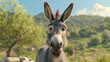 Sunny Serenity: A Smiling Donkey on a Hillside Farm