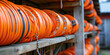 © Planetz - a spool of orange cables optic on a wooden rack,