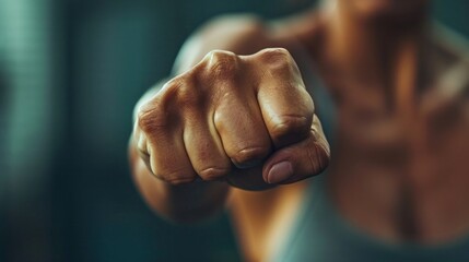 Poster - A close up of a woman's fist pointing at the camera, AI