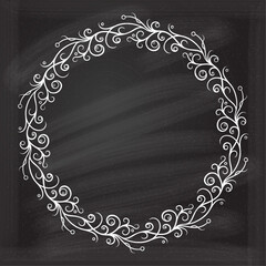 Wall Mural - floral decorative frame on a chalkboard background. monogram, wedding invitation or greeting card te