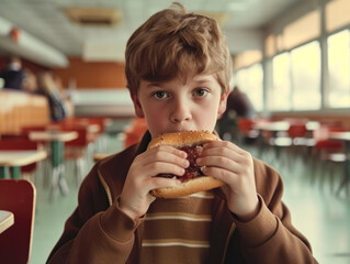 Canvas Print - Portrait of a schoolboy eating his sandwich in the school cafeteria. Retro style.
