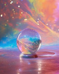 A crystal ball filled with sparkling cosmos sits on a vibrant, colorfully illuminated base