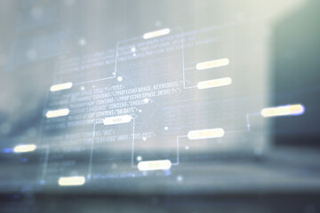 Wall Mural - double exposure of abstract creative programming illustration on contemporary business center exteri