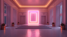 Elegant, Spacious Interior In Neoclassical Architectural Style With Tall Columns, Grand Hall And Glowing Neon Pink Rectangle. Modern Exhibition Space. Empty Studio Room For Product Placement.