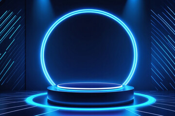 Wall Mural - 3D background with blue hologram round podium pedestal and circle glow neon, Vertical pattern wall scene - Product showing