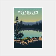 Wall Mural - Emblem sticker patch logo illustration of Voyageurs National Park on dark background, lake and canoe vector badge