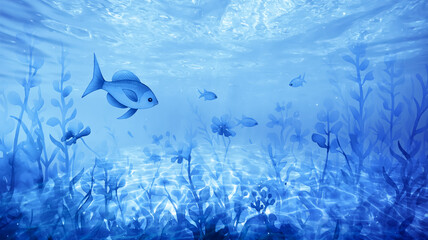 Wall Mural - watercolor underwater world, sea depth landscape, fish and corals illustration of the ocean at the bottom