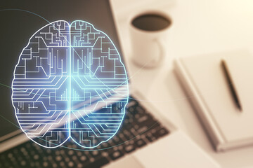 Wall Mural - Double exposure of creative human brain microcircuit with computer on background. Future technology and AI concept