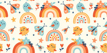 Naive Nursery Wallpaper. Little Birds, Cheerful Rainbow, Butterflies And Summer Flowers. Flat Style Hand Drawn Vector. Doodle Baby Shower Or Kids Party Background. All Over Bedroom Or Playroom Design.