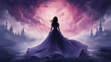 Silhouette of a princess in a chic dress against a background of castles. Digital concept, illustration painting.