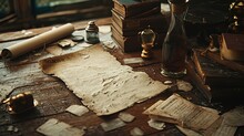 A Historic Desk Setup Displaying Torn Nautical Maps, Vintage Books, An Hourglass, And Classic Navigation Tools.