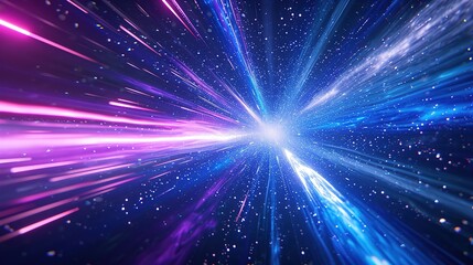 Wall Mural - a vibrant digital depiction of space travel at warp speed with bright blue and purple stars streamin