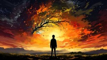 The Silhouette Of A Boy Looking At A Tree In The Sky Hiding Behind Clouds. Digital Concept, Illustration Painting.