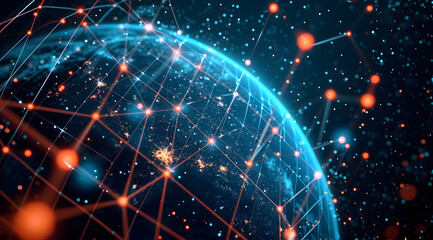 Illustration of global network connections and communication technology for internet business and telecommunication, featuring earth connector, earth map, and a 3D globe with an electronic network.