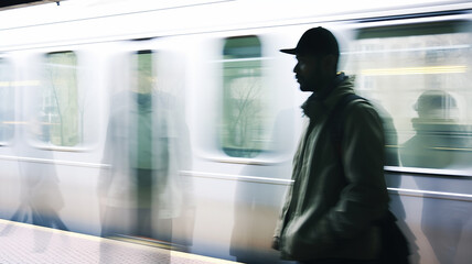 Wall Mural - blurred train movements, a passenger in the flow of urban public transport, an abstract concept of a man against the background of traces of blurred movement