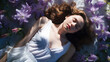 © AUNTYANN STUDIO - Spring time travel, beautiful woman laying down on flown Japanese purple lily flowers called Katakuri on the hill in spring trip, Japan, AI generated, copy space for text