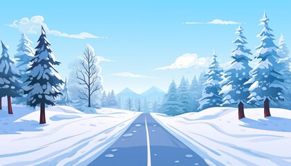 Wall Mural - Frozen road through snowy forest in winter with the blue sky. Straight asphalt road goes into the distance. There are snow-covered trees on both sides of the road. Illustration in flat cartoon style. 