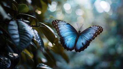 Wall Mural - Vibrant Blue Butterfly Resting on Green Leaves with Sunlight Filtering Through the Trees