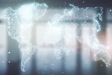 Wall Mural - multi exposure of abstract creative digital world map hologram on empty corporate office background,