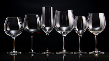 Wall Mural - set, a collection of different transparent glass glasses isolated on a black background