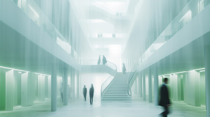 Wall Mural - light blurred green background eco business center, office building inside interior, silhouettes of people blurred in motion