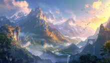 Illustration Of A Fantasy Land With Lots Of Clouds