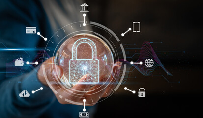 Hand holding security scanning protect, technology digital program futuristic, finger scanning, privacy, password, cyber security, cloud online technology to protect client IT lock icon.security