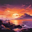 Beautiful view over the mountain with sunset and bright purplish orange sky with a wide expanse of sea in front of it
