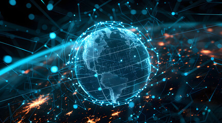 Illustration of global network connections and communication technology for internet business and telecommunication, featuring earth connector, earth map, and a 3D globe with an electronic network.