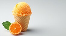 Citrus Clementine Ice Cream In A Waffle Cup. Food Photography. Delicious Sweet Ice Cream With Citrus Clementine In A Waffle Cup. Minimalism. Food Photography. Horizontal Format
