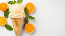 Delicious Sweet Ice Cream With Fresh Citrus Clementine In A Waffle Cup. Citrus Clementine Ice Cream In A Waffle Cup. Food Photography. Minimalism. Food Photography. Horizontal Format