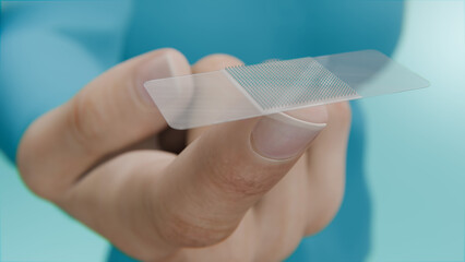 close-up of a hand holding a skin patch with micro-needles. transdermal vaccination: a novel method 