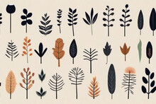 Vector Plant And Leaf Illustration Set. Simple Doodle Elements In Limited Color Palette, Minimal Flat Design For Graphic Projects