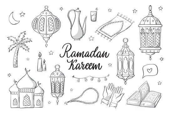 Set of islamic doodles, ramadan clip art for prints, stickers, coloring pages, signs, sublimation, cards, etc. EPS 10