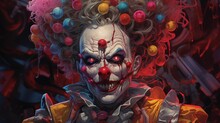 Scary Clown With A Red Nose. Digital Concept, Illustration Painting.