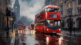 Fototapeta  - red double decker bus driving down the street in a rain storm. Digital concept, illustration painting.