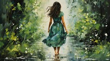 Oil Painting Of Lady Walking In A Pond. Digital Concept, Illustration Painting.