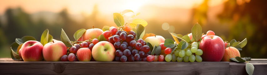 Wall Mural - Various kinds of fruits harvested in a wooden box in an orchard with sunset. Natural organic fruit abundance. Agriculture, healthy and natural food concept. Horizontal composition, banner.