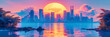 Urban skyline at sunset, panoramic view of cityscape with skyscrapers reflected in water, travel and architecture background