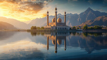 A Majestic And Serene Mosque On The Shore Of A Lake With A Backdrop Of Rugged Mountains Under The Golden Light Of A Charming Sunset