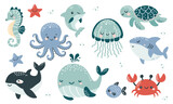 Fototapeta  - Vector illustration collection in children's Scandinavian style. Orca dolphin dolphin crab jellyfish octopus fish turtle shark seahorse. Vector illustration