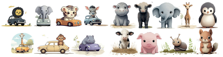 Poster - Adorable Illustrated Animals in Toy Cars: A Collection of Cute Baby Animals Perfect for Children’s Books, Decor, and Educational Materials