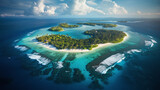 Fototapeta  - The island with its green forests and blue waters is similar to the Maldives. Ai generate.