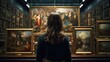 Experience the allure of an old museum art gallery through the back view of an adult woman engrossed in studying the exhibited paintings.