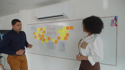 Medium long shot of female Hispanic product manager and male Asian developer discussing features of new app standing near white board