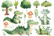 Whimsical watercolor illustration featuring adorable cartoon crocodiles with a variety of green plants and trees, perfect for children's decor or educational material.