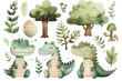 Whimsical watercolor illustration featuring adorable cartoon crocodiles with a variety of green plants and trees, perfect for children's decor or educational material.