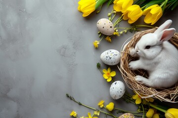 Wall Mural - Easter banner illustration with rabbit and eadter eggs, generated with AI