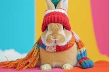 Wall Mural - portrait of a bunny wearing knitted hat, scarf and mittens in studio, colorful background, generated with AI